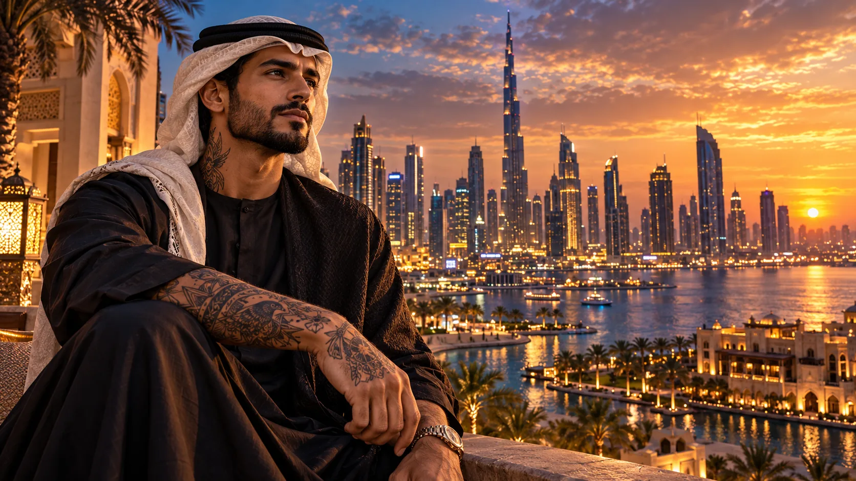 A tattooed man in a keffiyeh sitting in front of the Dubai skyline at dusk