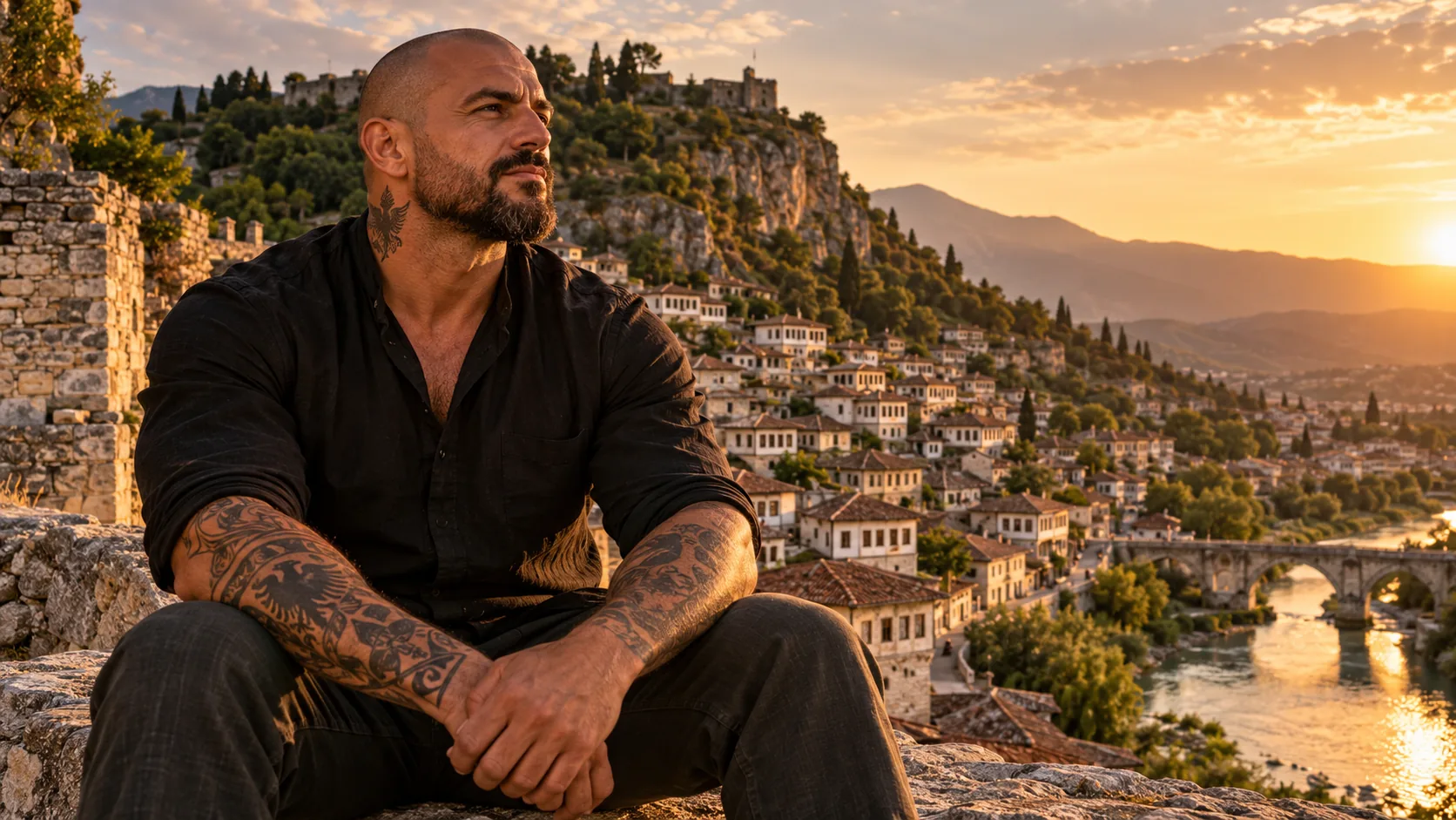 Un homme tatoué assis face à une ville sur une colline, au coucher du soleil