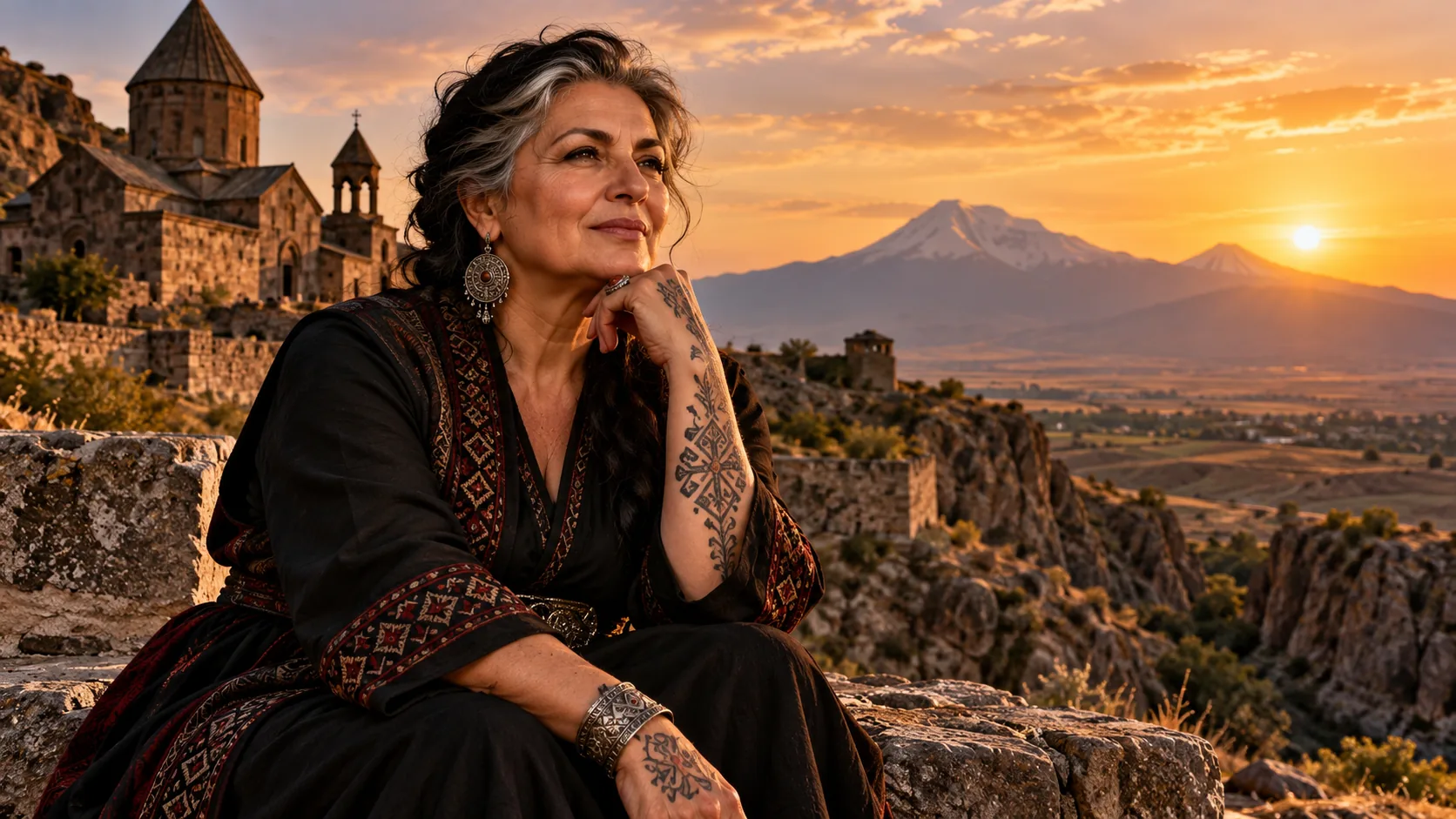 Une femme tatouée au regard pensif devant un monastère de pierre et une montagne enneigée