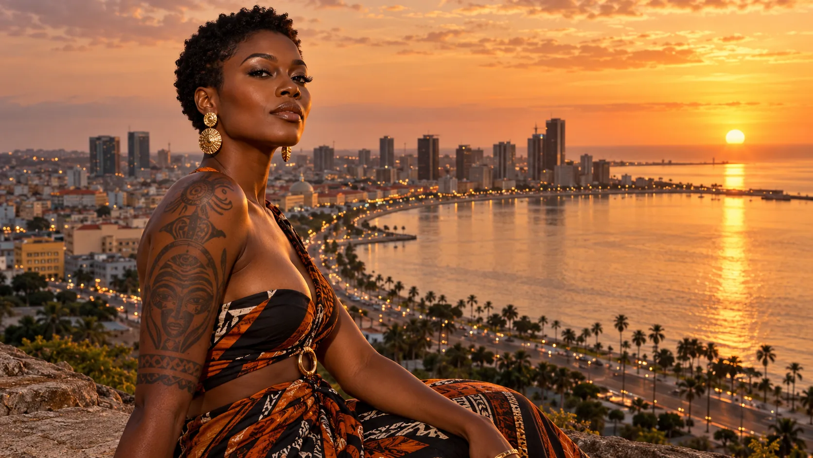 Une femme tatouée assise face à une baie et une ville côtière, au coucher du soleil