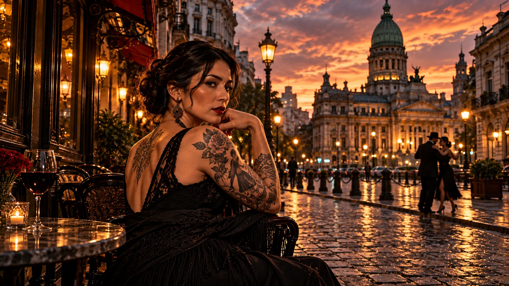 Une femme tatouée assise à une terrasse de café face à une place illuminée de Buenos Aires