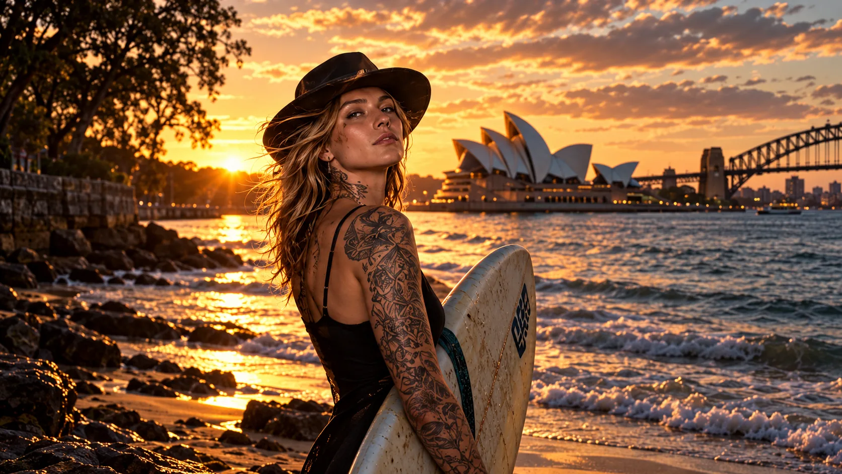 Une femme tatouée avec une planche de surf devant l'opéra de Sydney, au coucher du soleil