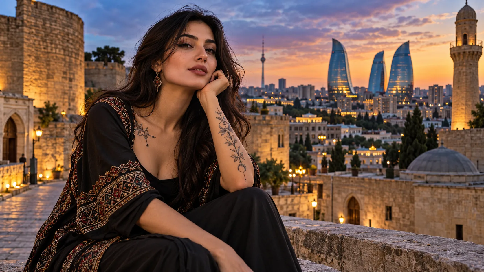 Une femme tatouée devant les remparts de Bakou et les Flame Towers