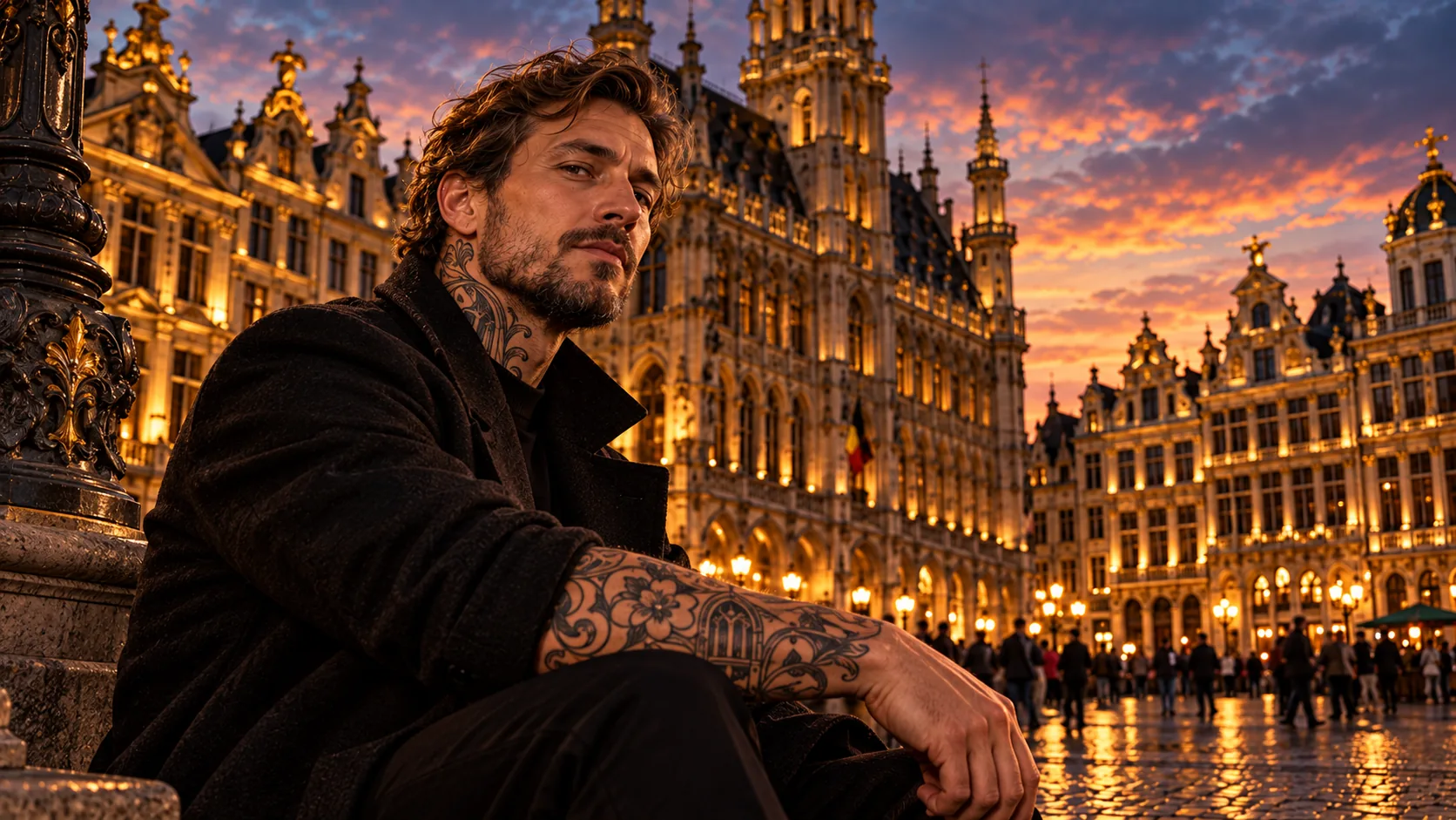 Un homme tatoué assis devant la Grand-Place de Bruxelles illuminée