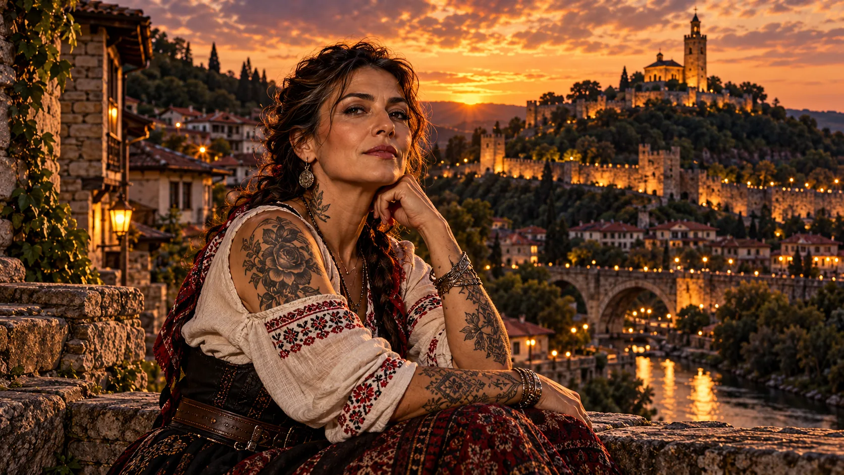 Une femme tatouée en blouse brodée devant une forteresse sur une colline et une rivière