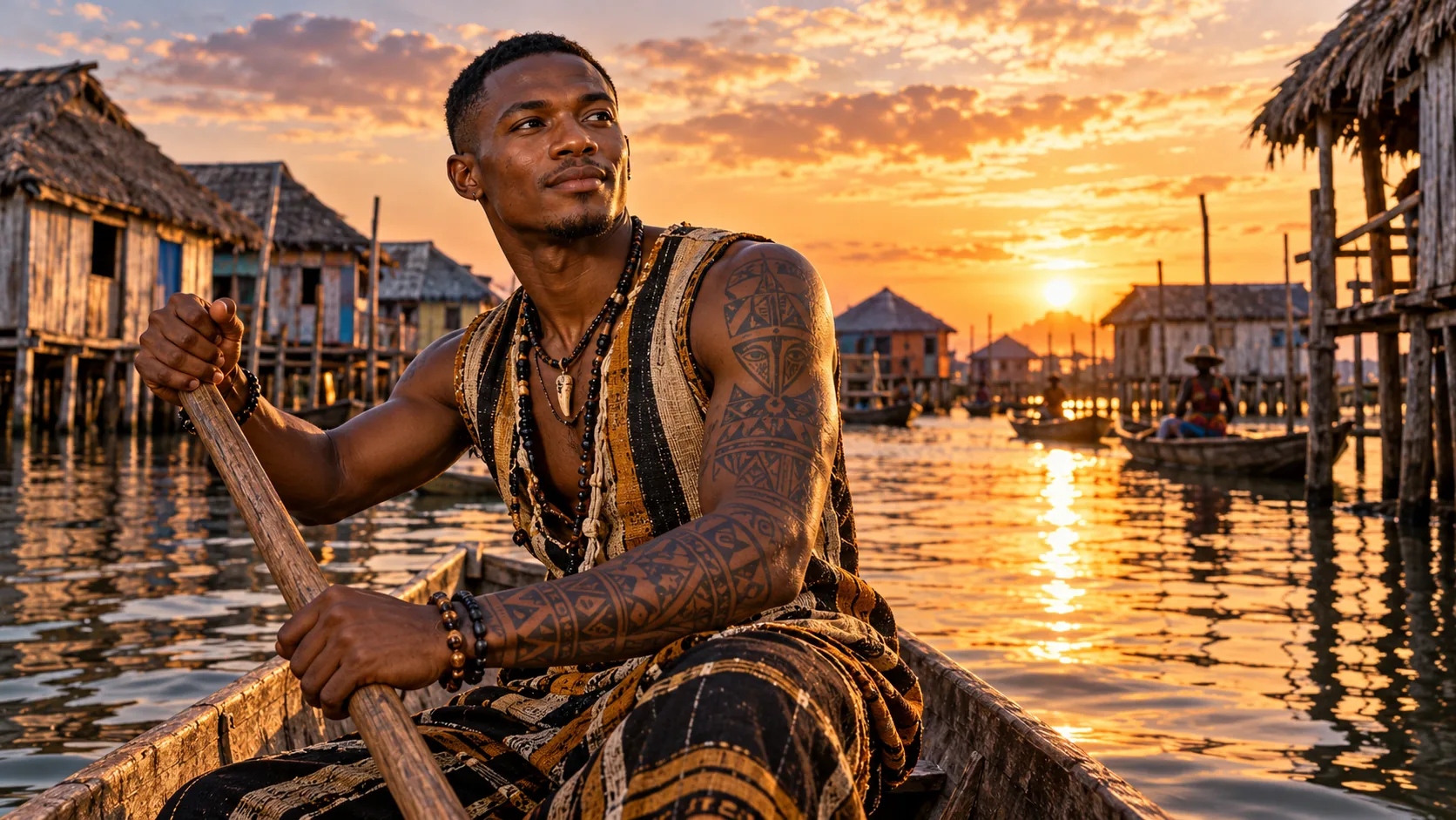 Un homme tatoué dans une pirogue devant des maisons sur pilotis, au coucher du soleil