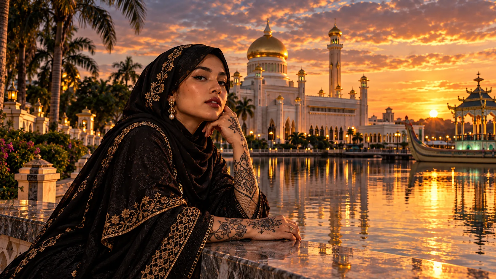 Une femme tatouée voilée devant une mosquée dorée et son plan d'eau, au coucher du soleil