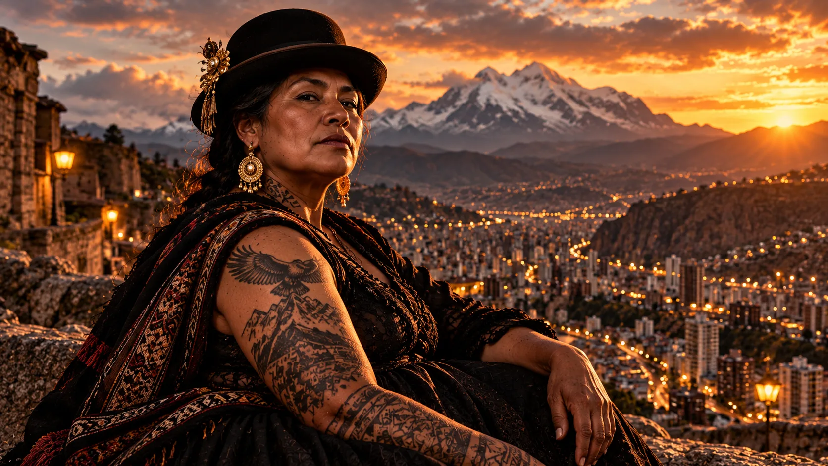 A tattooed woman in a bowler hat in front of La Paz and Illimani