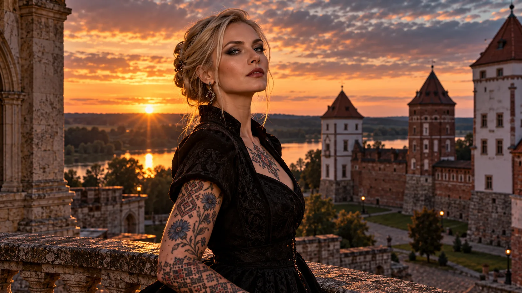 Une femme tatouée devant un château de briques et une rivière au coucher du soleil