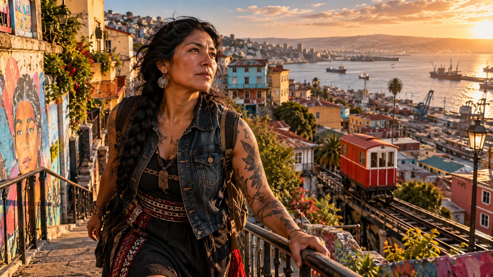 Une femme tatouée devant le port et un funiculaire de Valparaíso