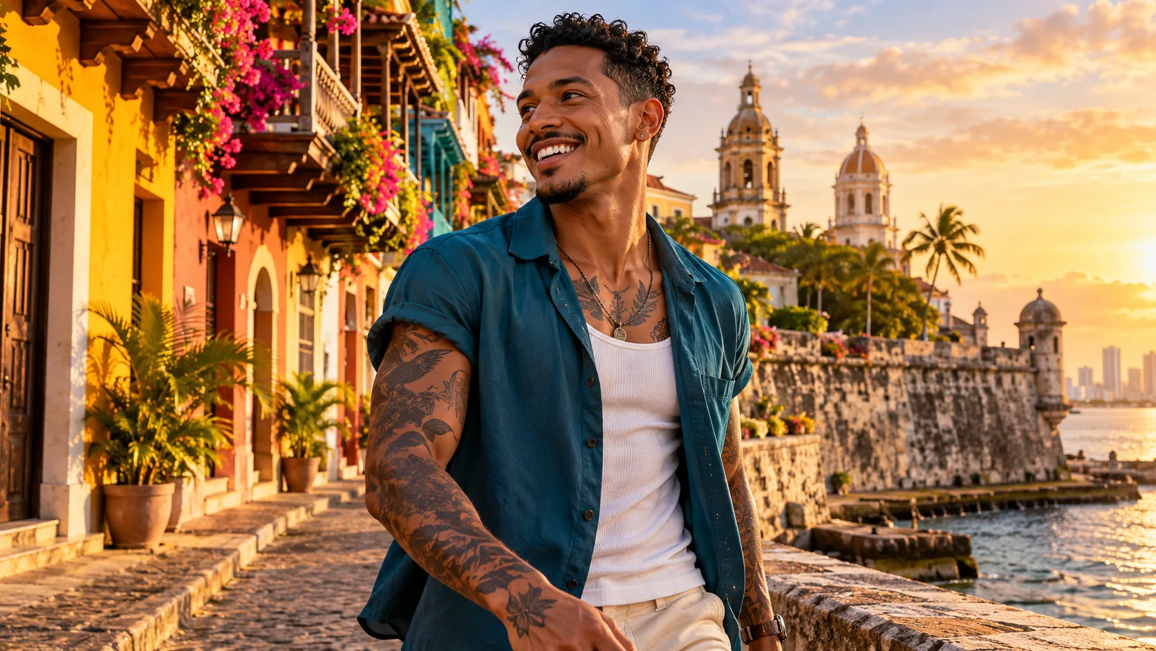 Un homme tatoué souriant dans une rue colorée devant les remparts de Carthagène