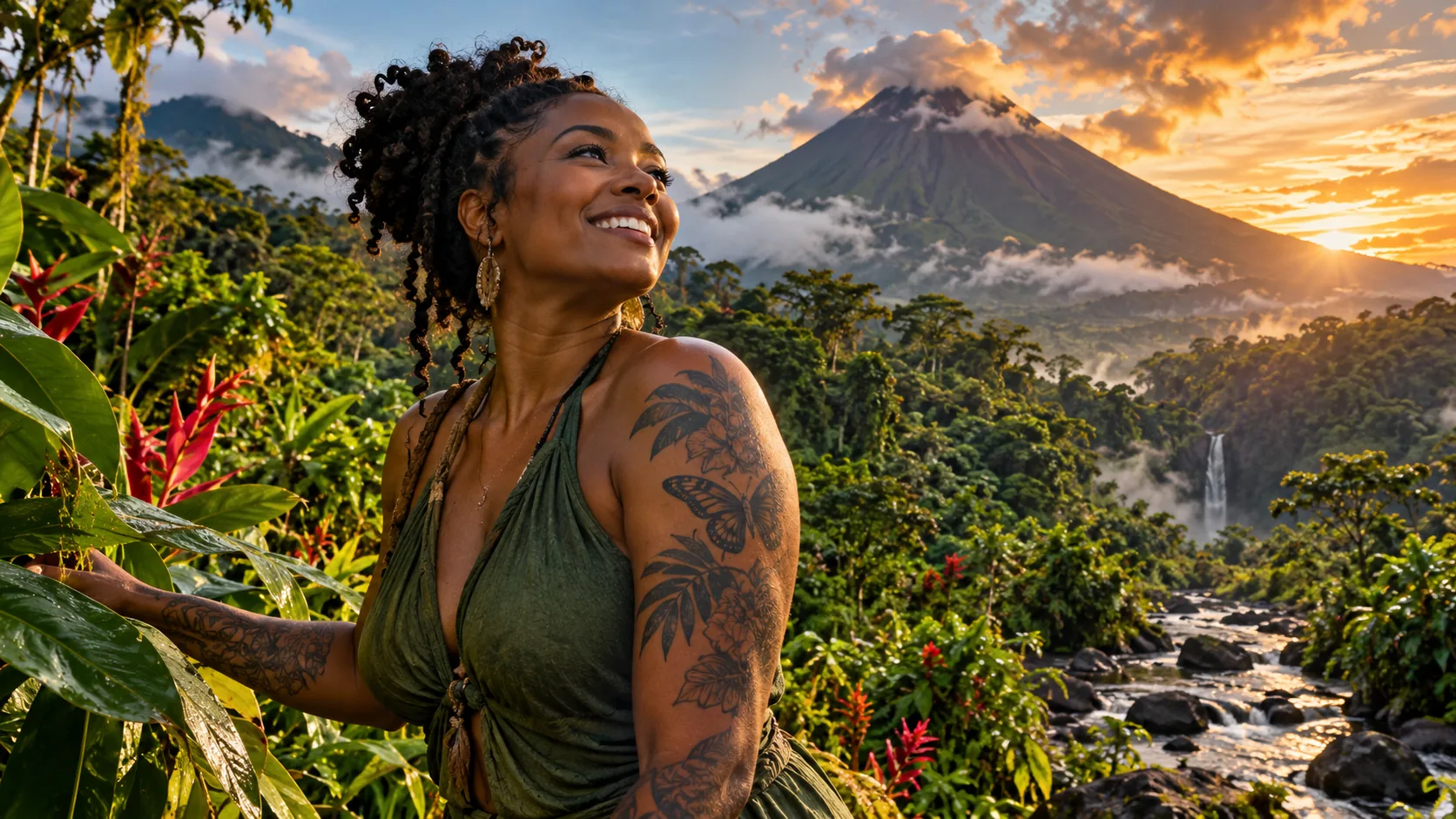 Une femme tatouée souriante dans la forêt tropicale, un volcan en arrière-plan