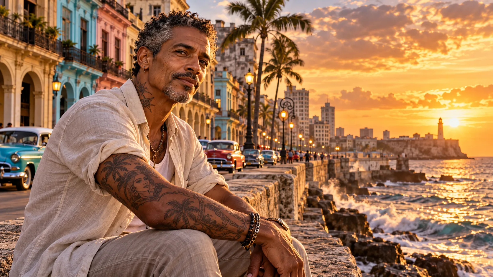 Un homme tatoué assis devant le Malecón de La Havane et d'anciennes voitures