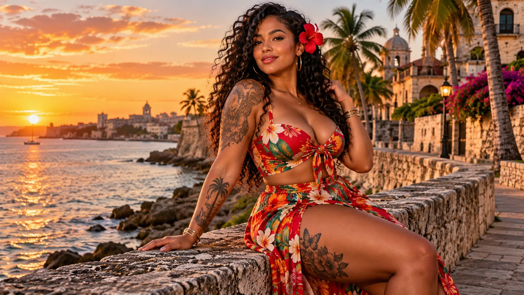 A tattooed woman sitting on a low wall facing the sea at sunset
