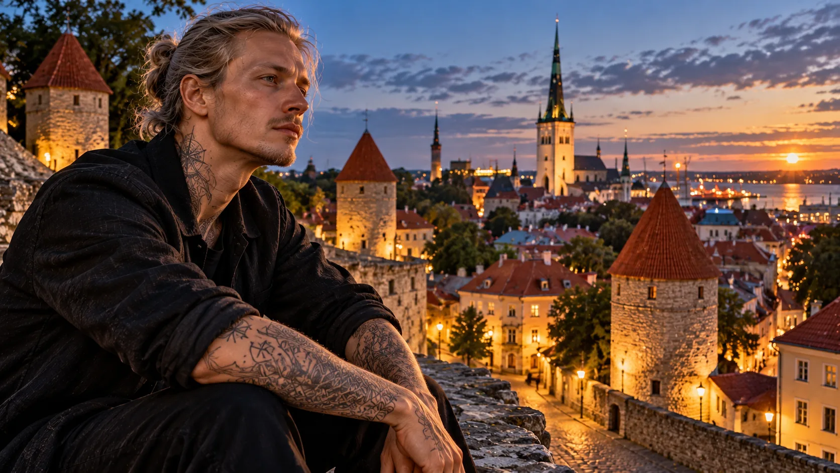 Un homme tatoué devant la vieille ville de Tallinn et ses tours