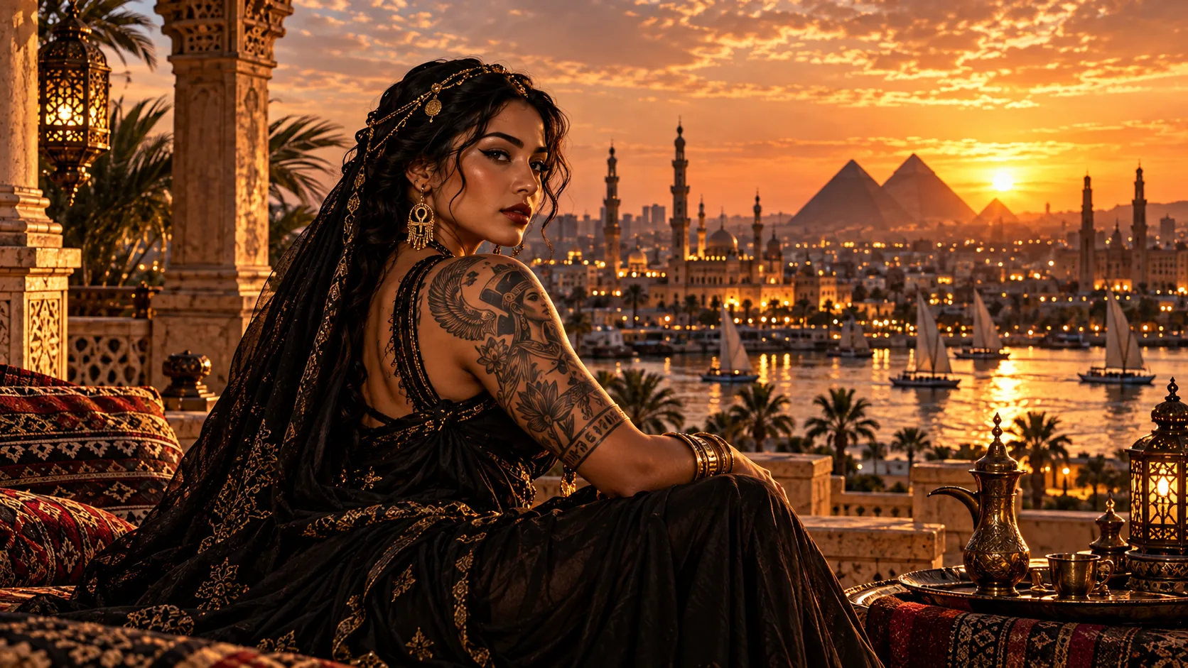 Une femme tatouée sur une terrasse devant le Nil et les pyramides, au coucher du soleil