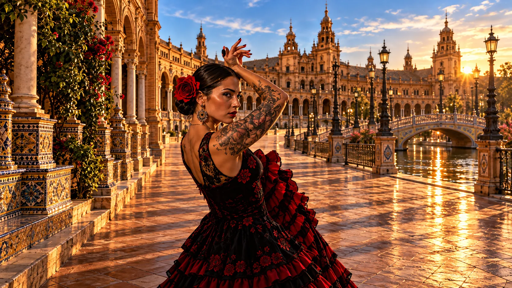 A tattooed flamenco dancer on the Plaza de España in Seville