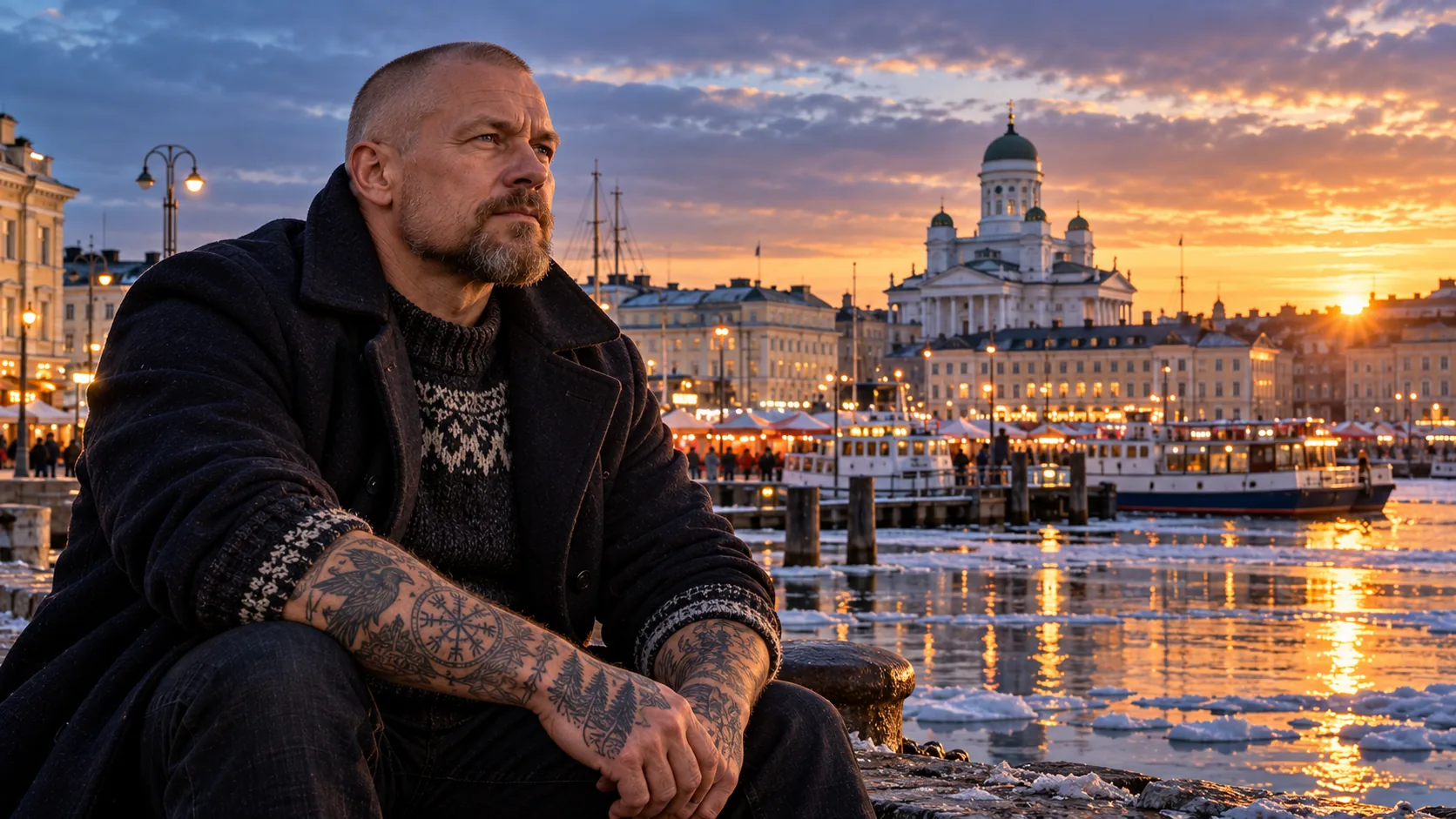 Un homme tatoué devant le port et la cathédrale d'Helsinki