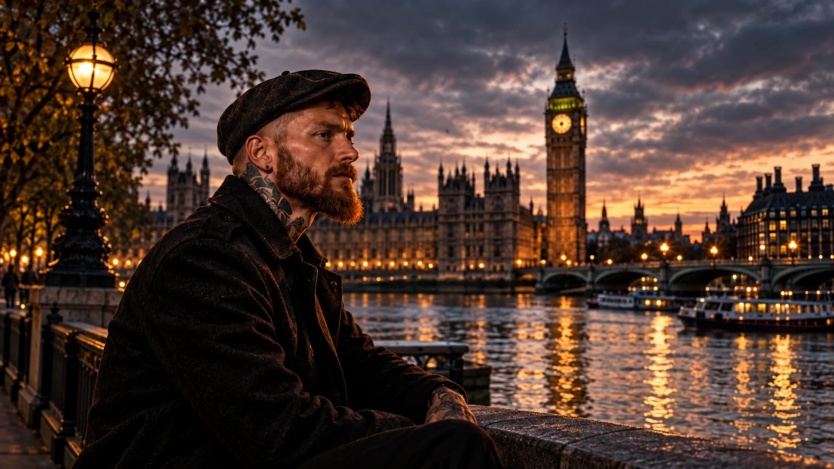 Un homme tatoué à la casquette devant le Parlement de Londres et Big Ben