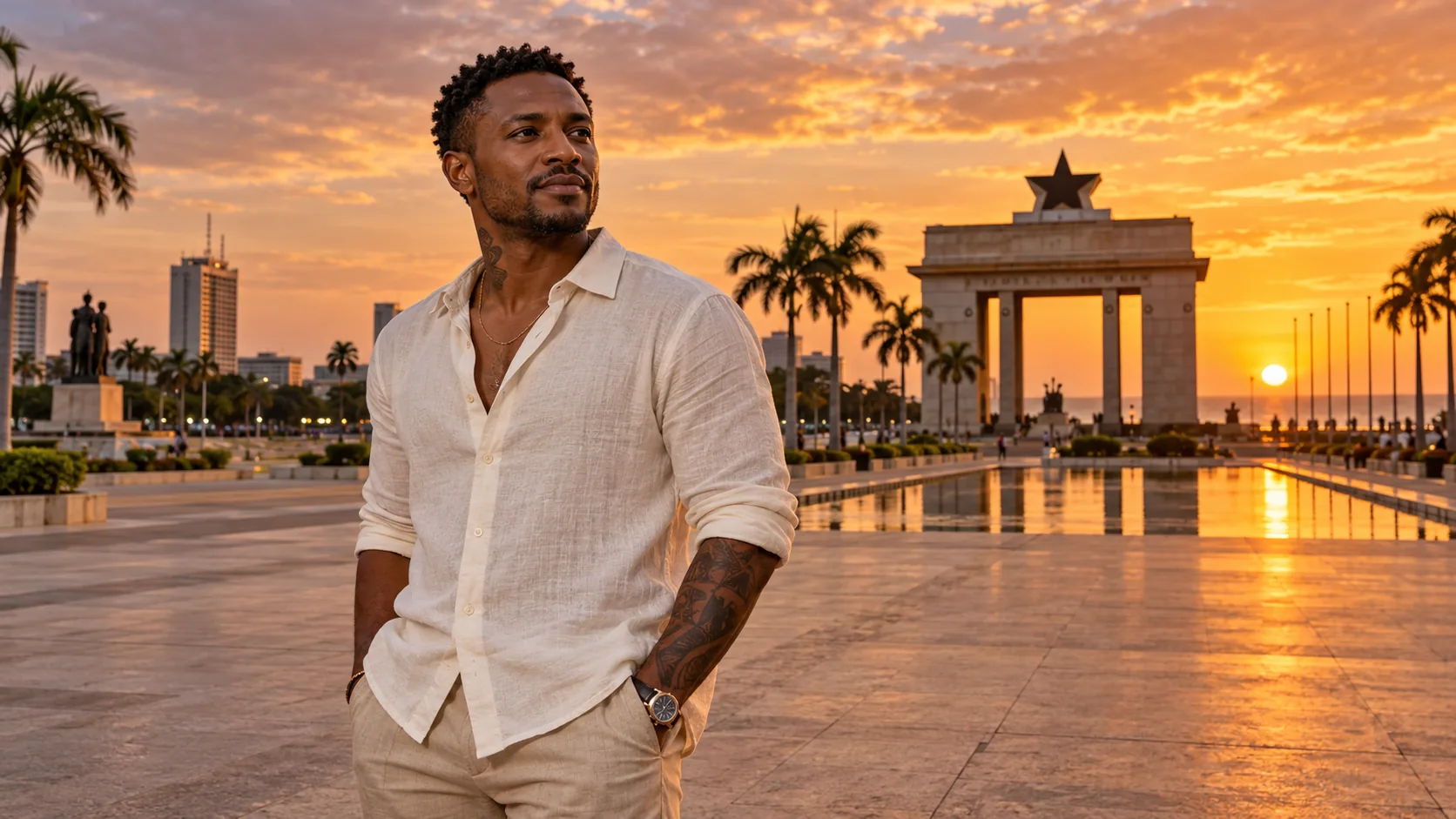 Un homme en chemise blanche devant la place de l'Indépendance d'Accra