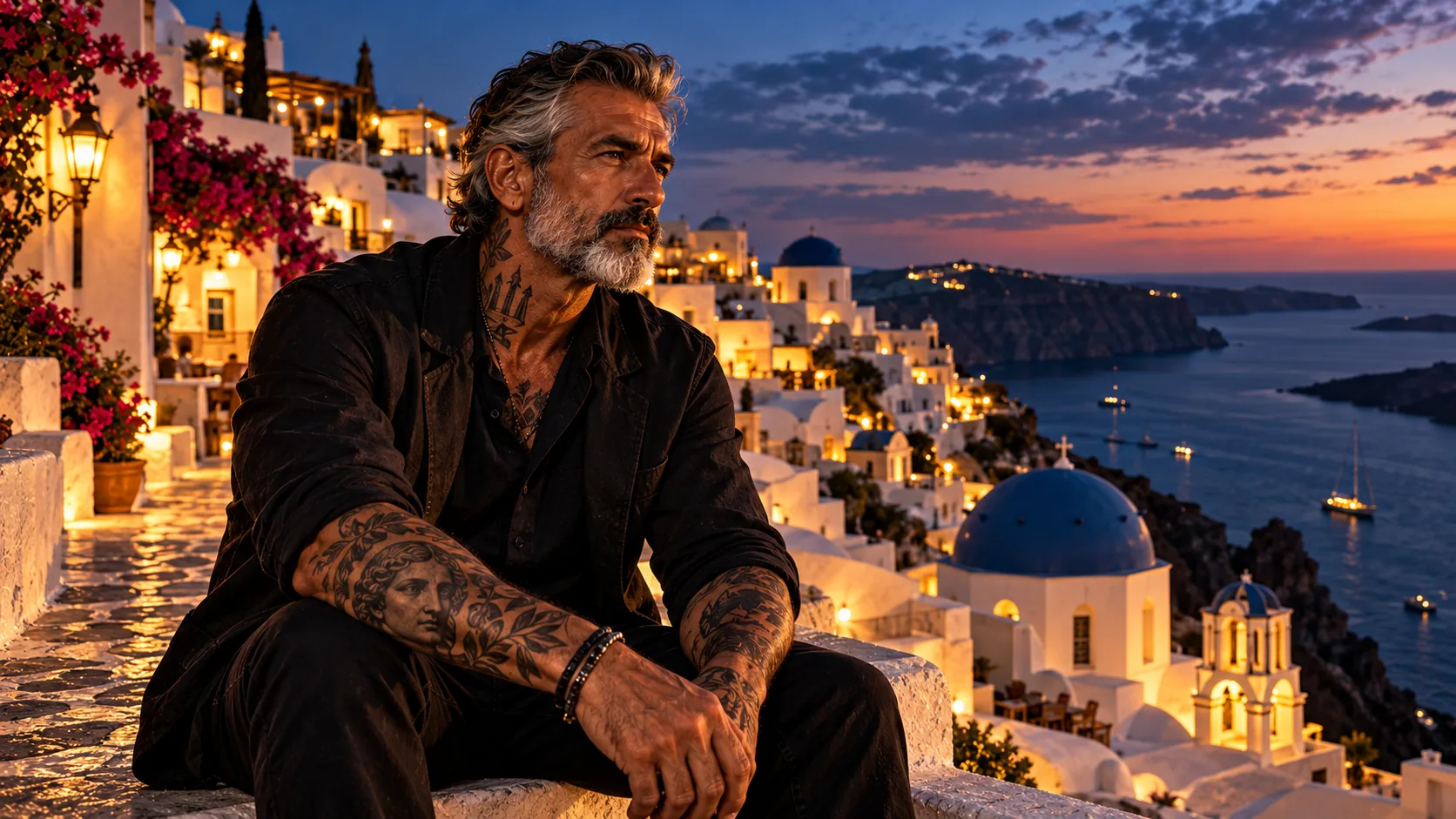 Un homme tatoué assis devant un village blanc aux dômes bleus, au crépuscule