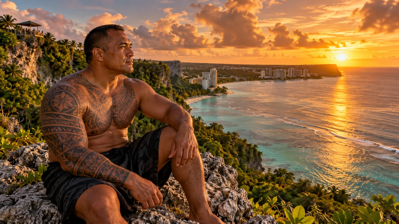 Un homme tatoué assis sur une falaise face à l'océan, au coucher du soleil