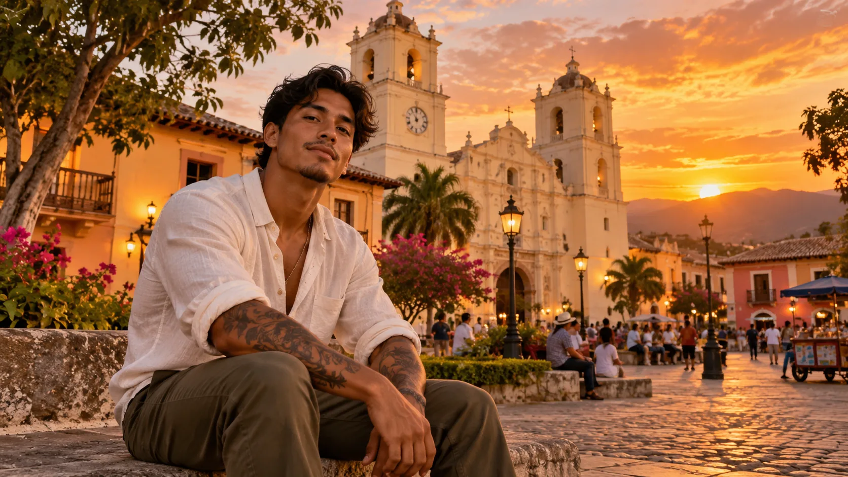 A tattooed man sitting in a colonial square in front of a church at sunset