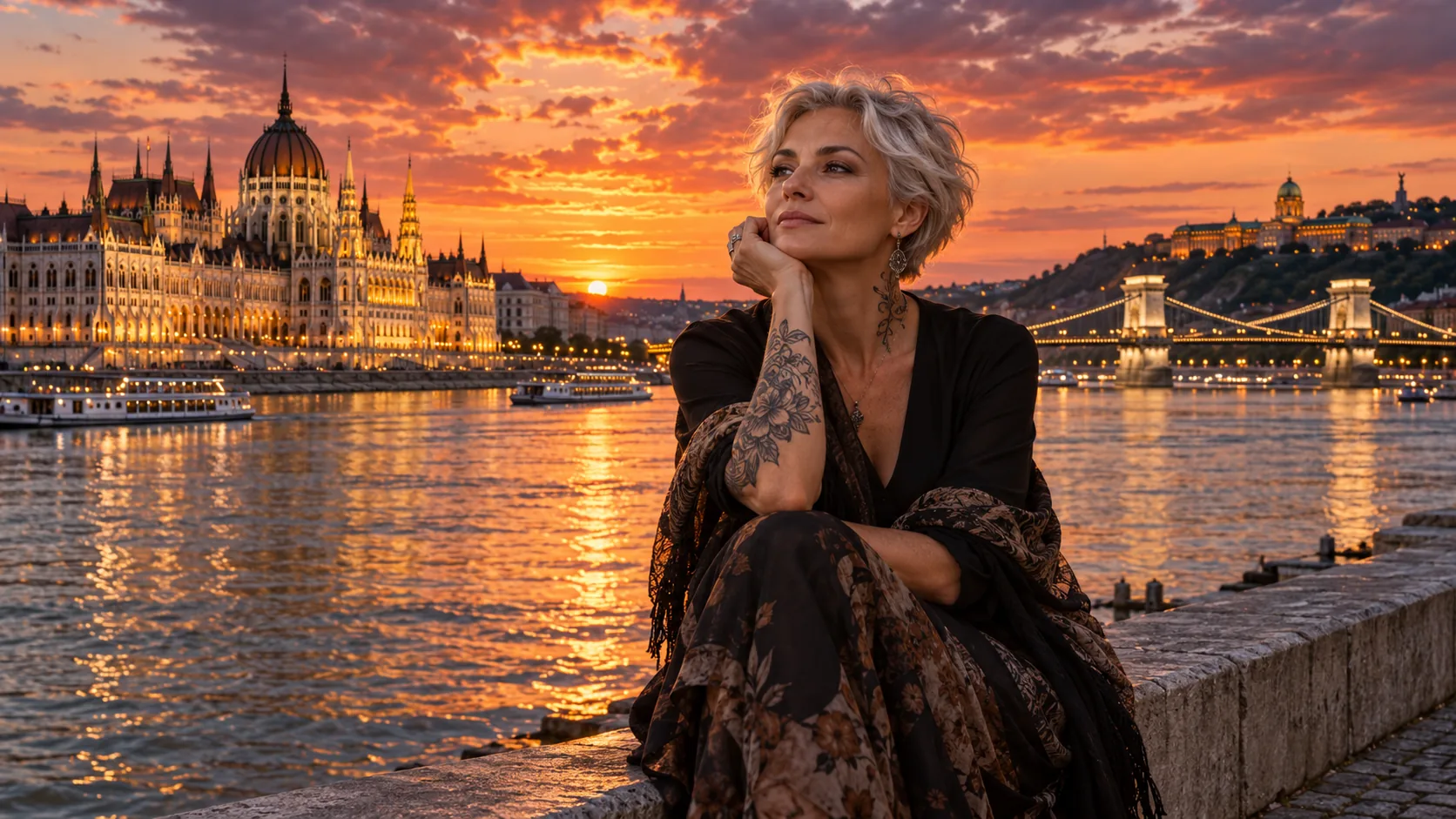 Une femme aux cheveux gris devant le Parlement de Budapest et le Danube