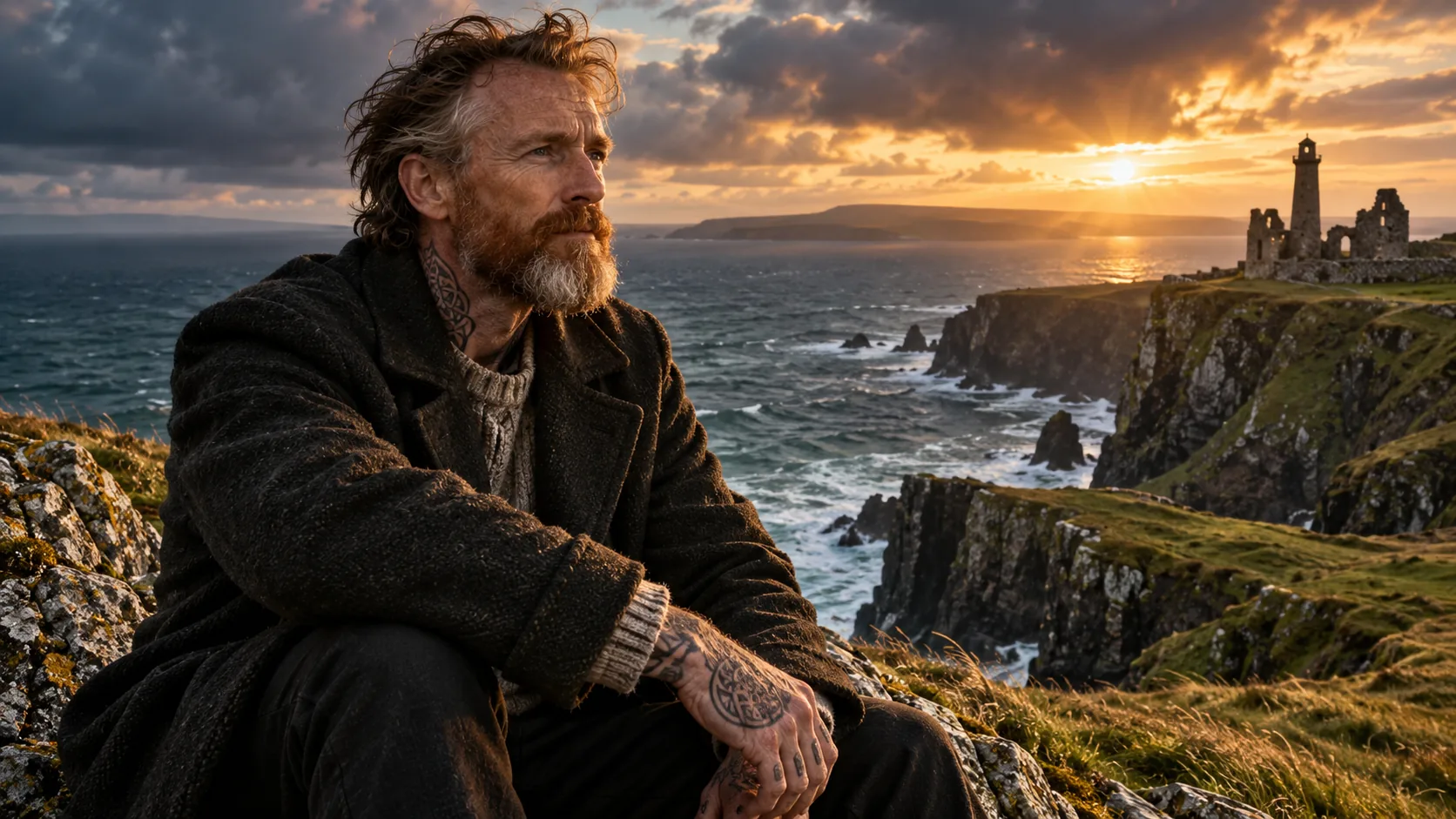 Un homme tatoué assis sur une falaise face à l'océan et à des ruines, au coucher du soleil