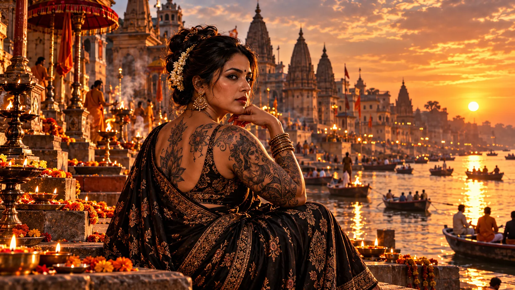 Une femme tatouée en sari devant les ghats et le fleuve, au coucher du soleil