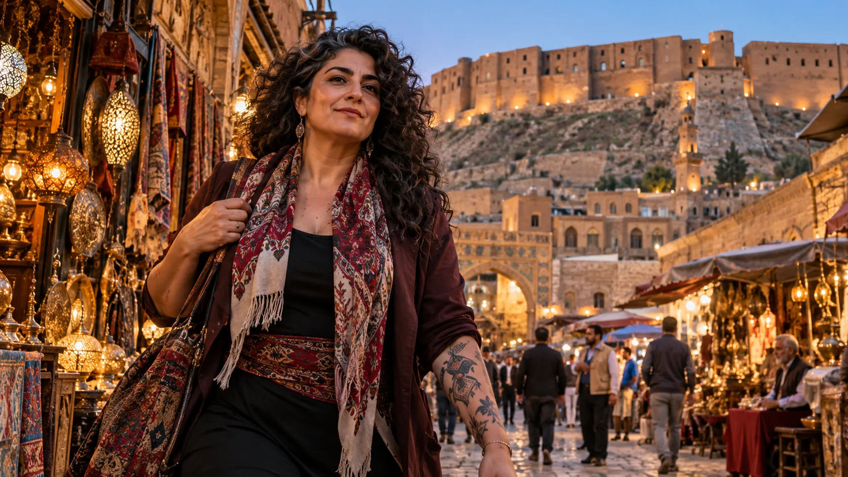 Une femme tatouée dans un souk devant une citadelle sur sa colline
