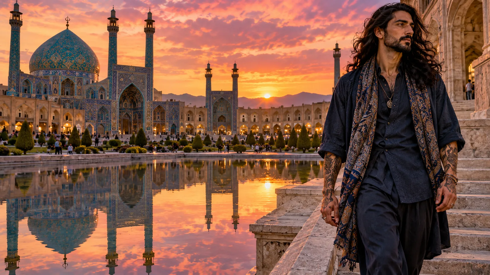 Un homme tatoué aux cheveux longs devant une place et une mosquée d'Ispahan, au coucher du soleil