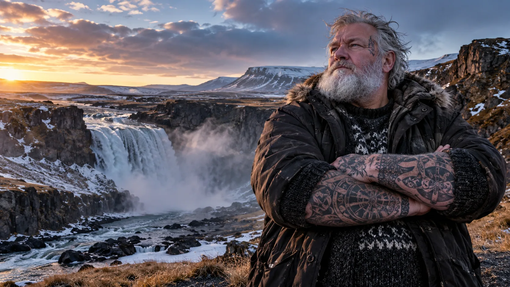 A bearded tattooed man with crossed arms in front of an Icelandic waterfall