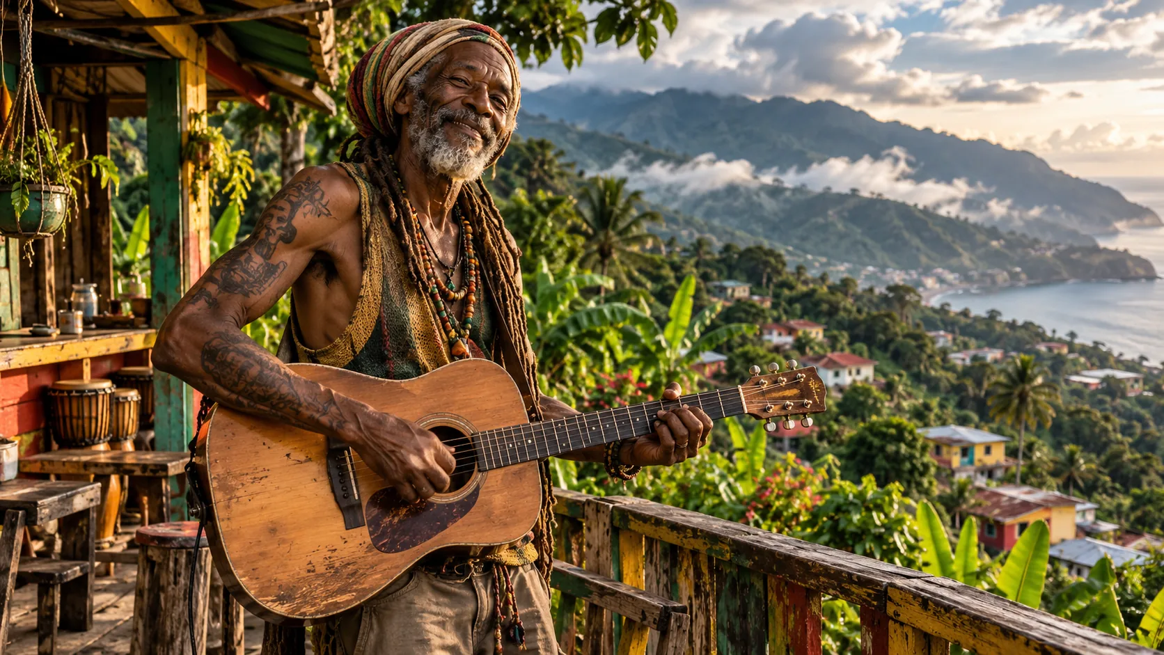 Un homme âgé jouant de la guitare sur une terrasse face aux collines et à la mer
