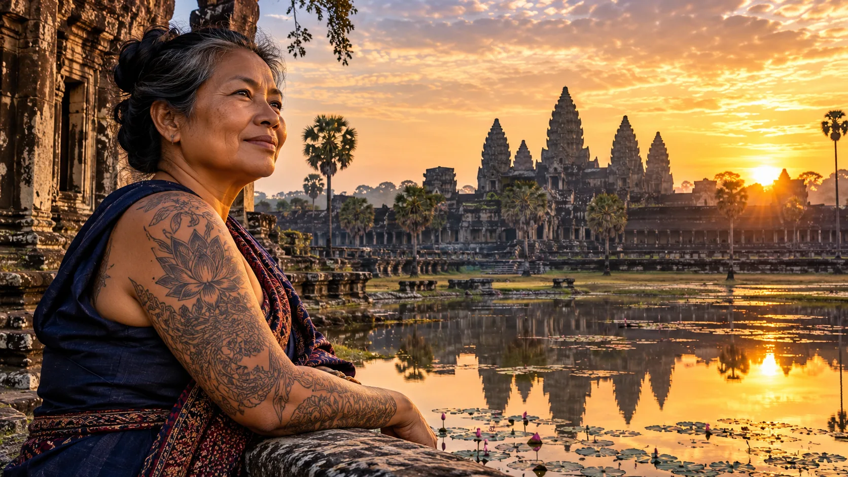 Une femme âgée tatouée devant Angkor Wat et son reflet, au coucher du soleil