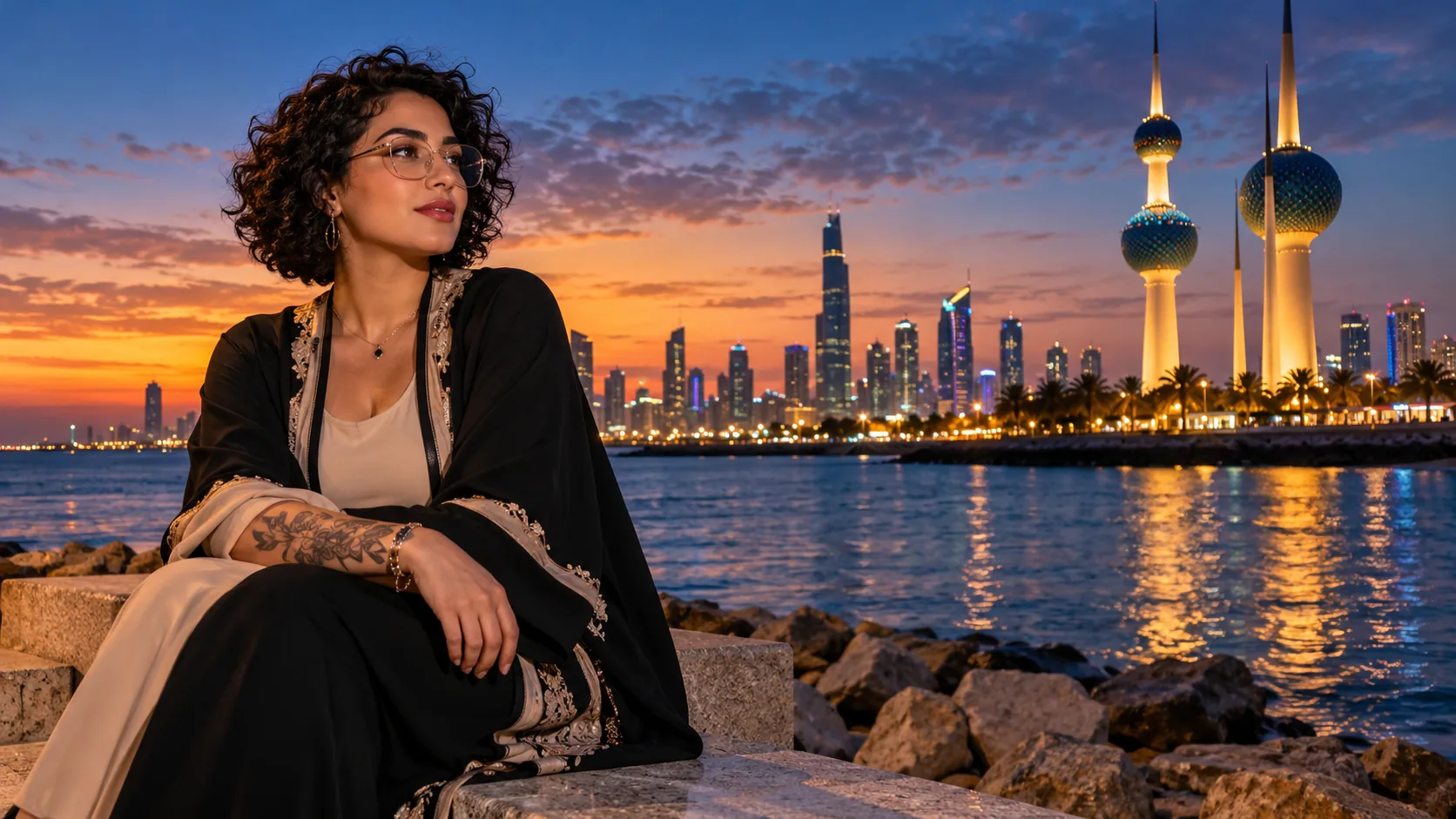 A tattooed woman with glasses in front of the Kuwait Towers and skyline at dusk