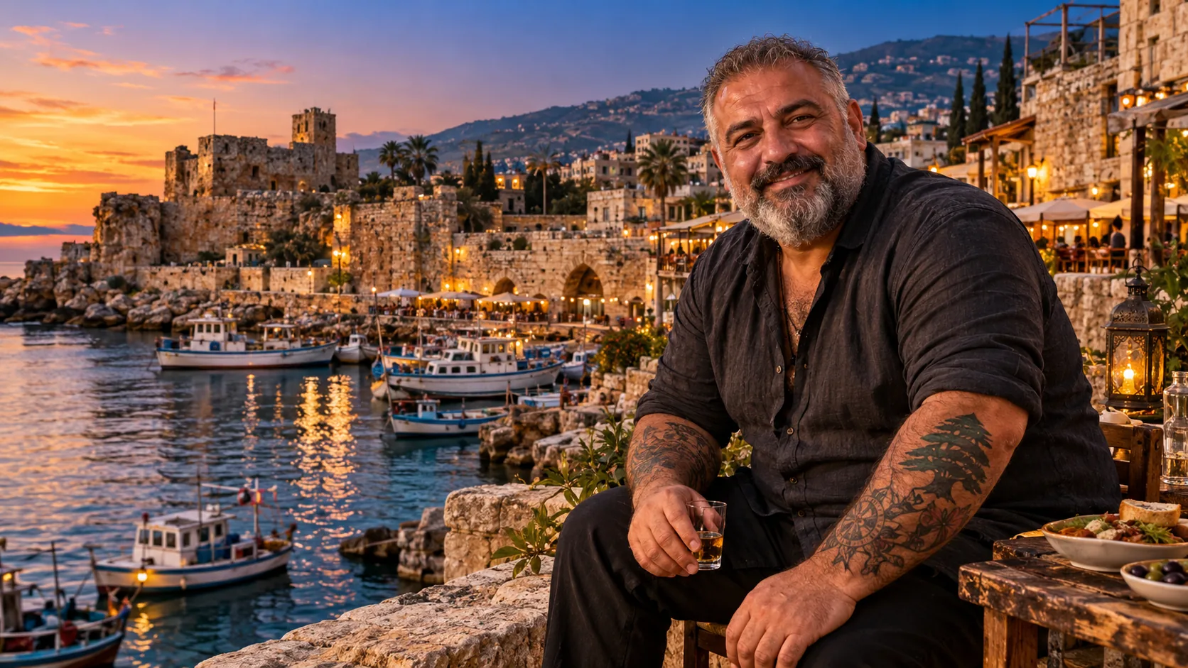 Un homme barbu tatoué attablé devant un port et une forteresse antique, au coucher du soleil
