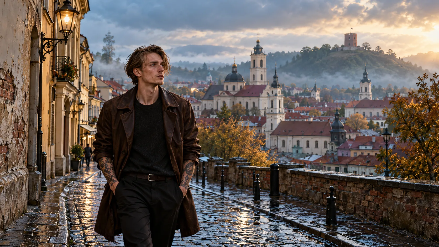 A tattooed man walking on a cobbled street in front of Vilnius old town