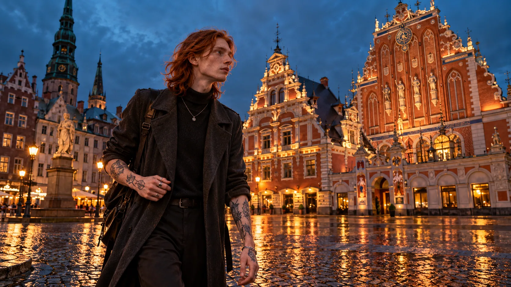 A red-haired tattooed man on a cobbled square in front of the House of the Blackheads in Riga