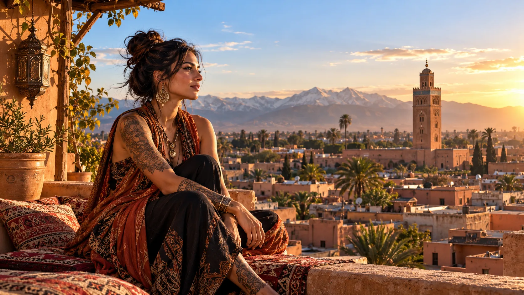 Une femme tatouée sur une terrasse devant Marrakech et la Koutoubia, face à l'Atlas