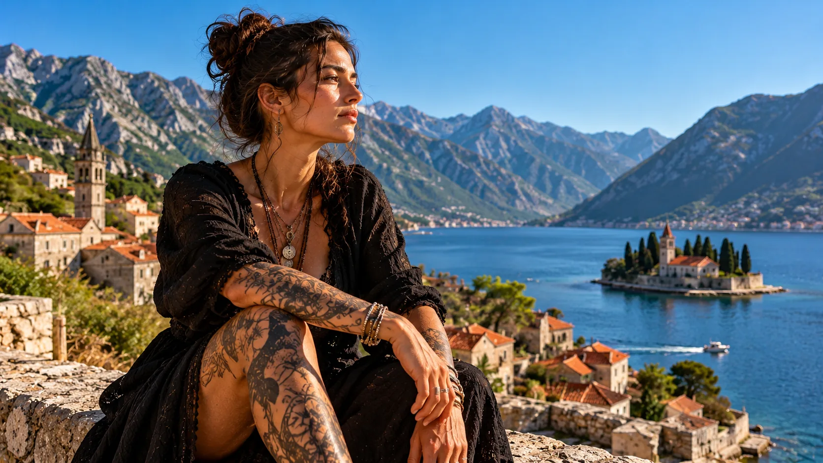 Une femme tatouée assise devant la baie de Kotor et son îlot