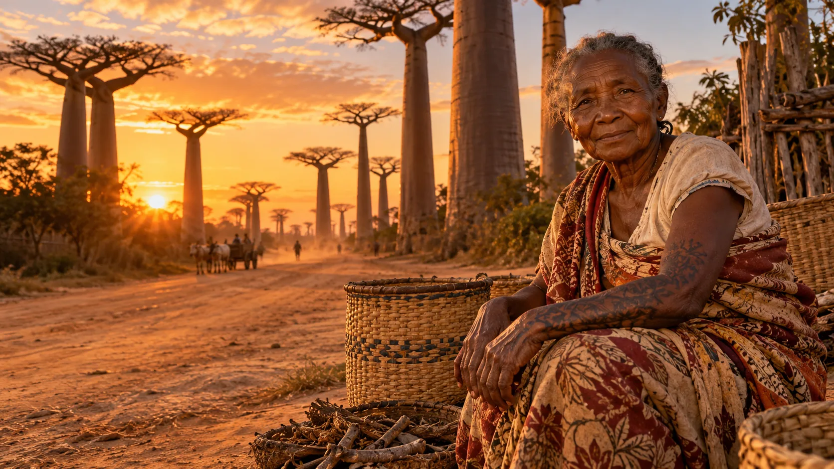 Une femme âgée tatouée assise devant l'allée des baobabs, au coucher du soleil