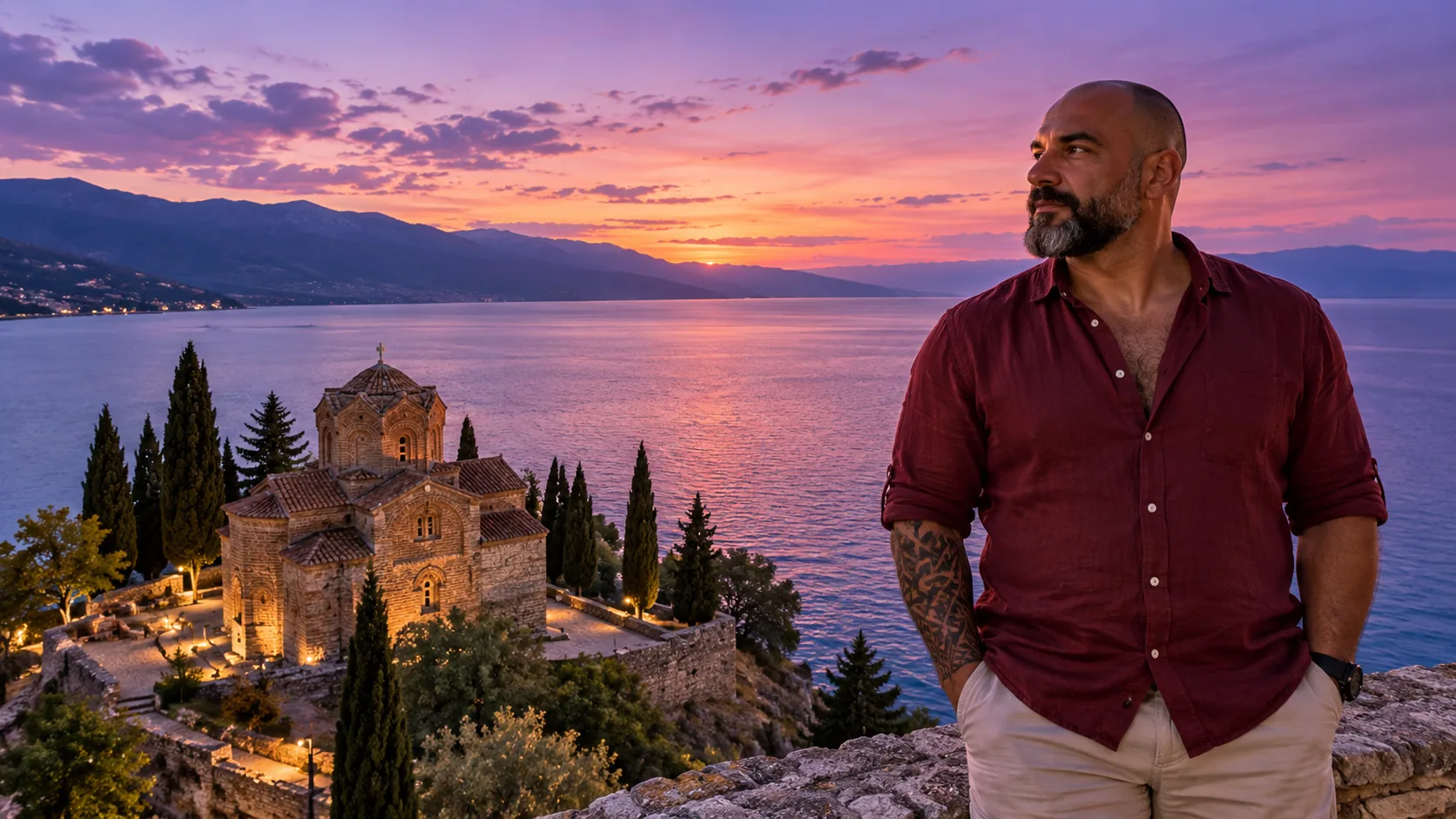 A tattooed man in front of a lake and a lakeside church at dusk