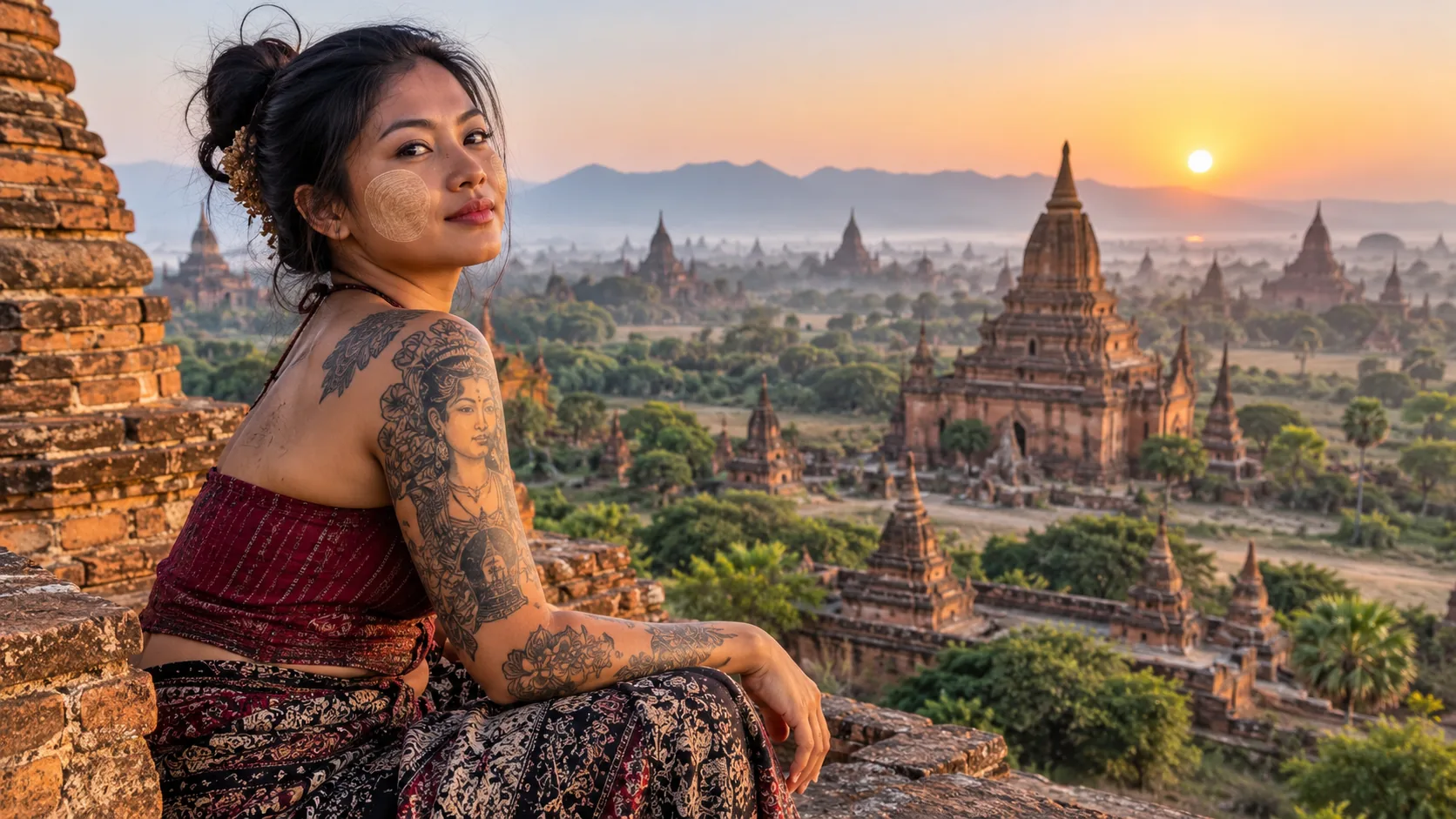 Une femme tatouée devant les temples de Bagan, au coucher du soleil