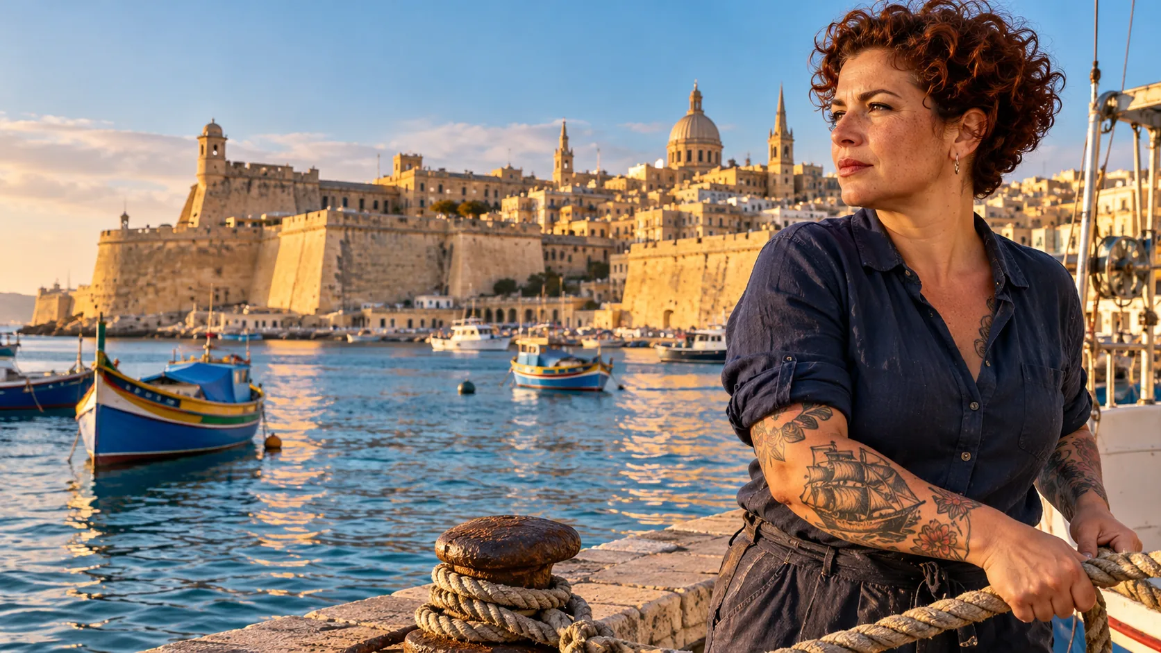 Une femme aux cheveux courts tatouée devant La Valette et des bateaux traditionnels