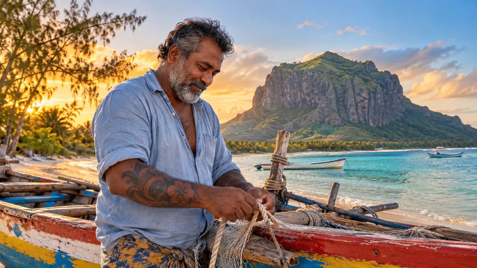 A tattooed man mending a net on a boat in front of Le Morne and the lagoon