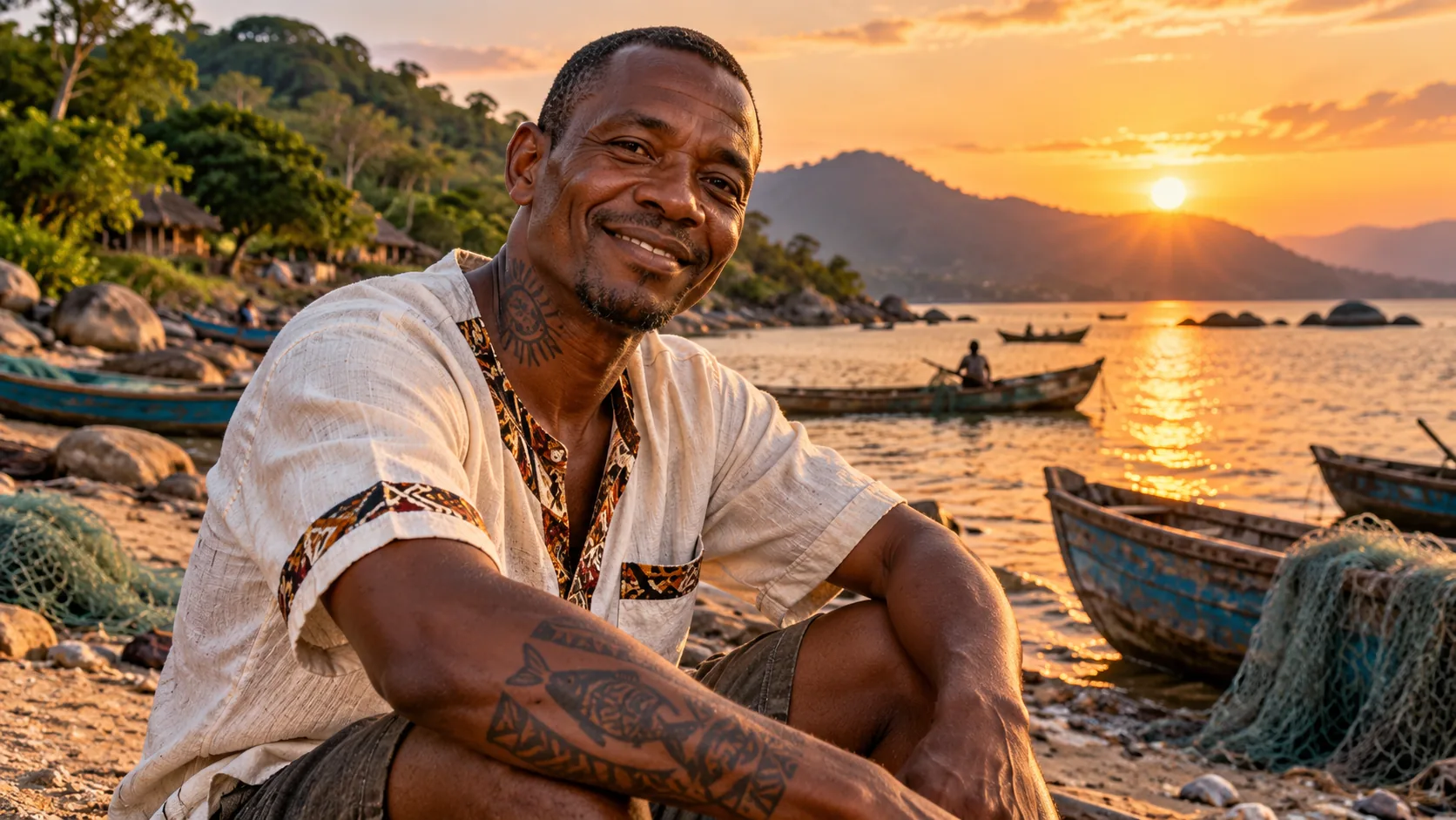 Un homme tatoué souriant assis sur une plage de pêcheurs, au coucher du soleil