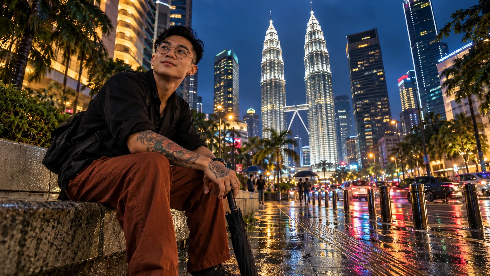 Un homme tatoué assis devant les tours Petronas, sous la pluie, de nuit