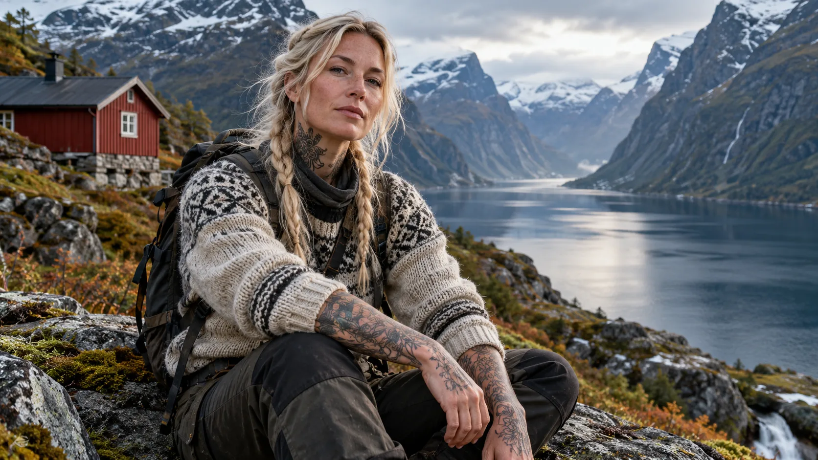 Une femme tatouée assise devant un fjord et des montagnes