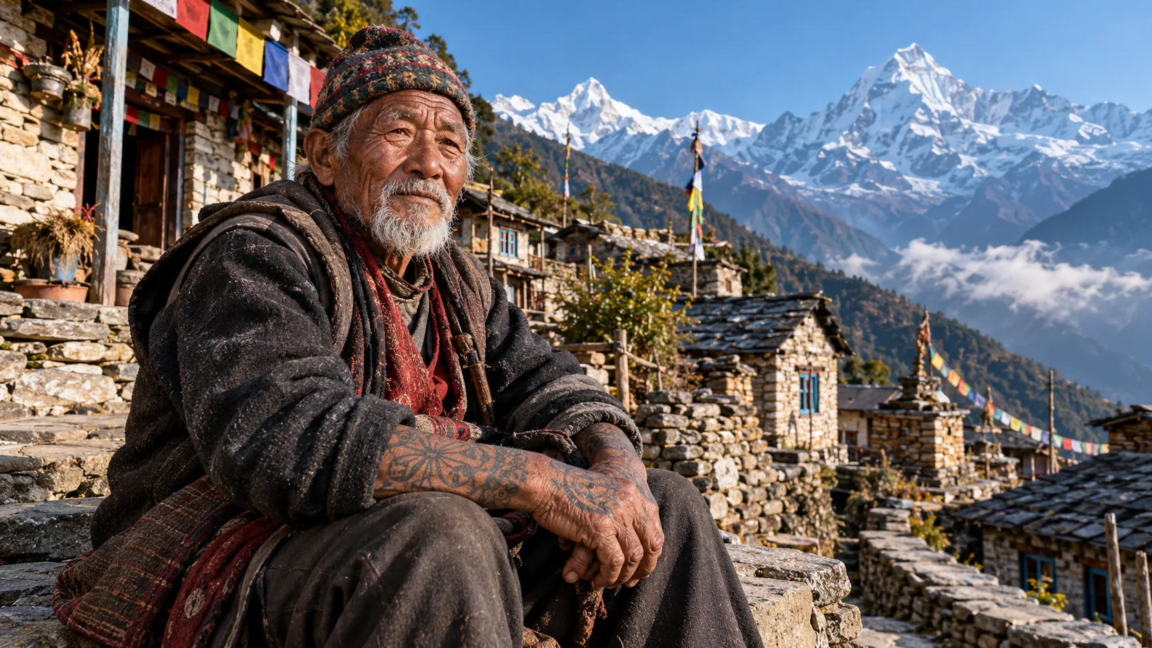 Un homme âgé tatoué assis dans un village de pierre devant l'Himalaya